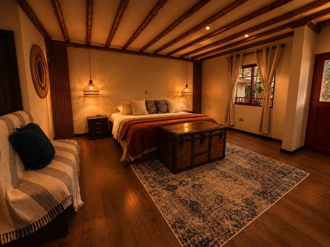 Suite Barranquero con cama King, baúl de madera, alfombra azul y vigas en el techo