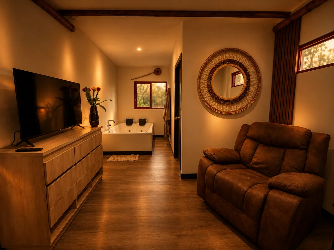 Suite Colibrí con sala de sillón y televisor, y jacuzzi al fondo bajo luz cálida