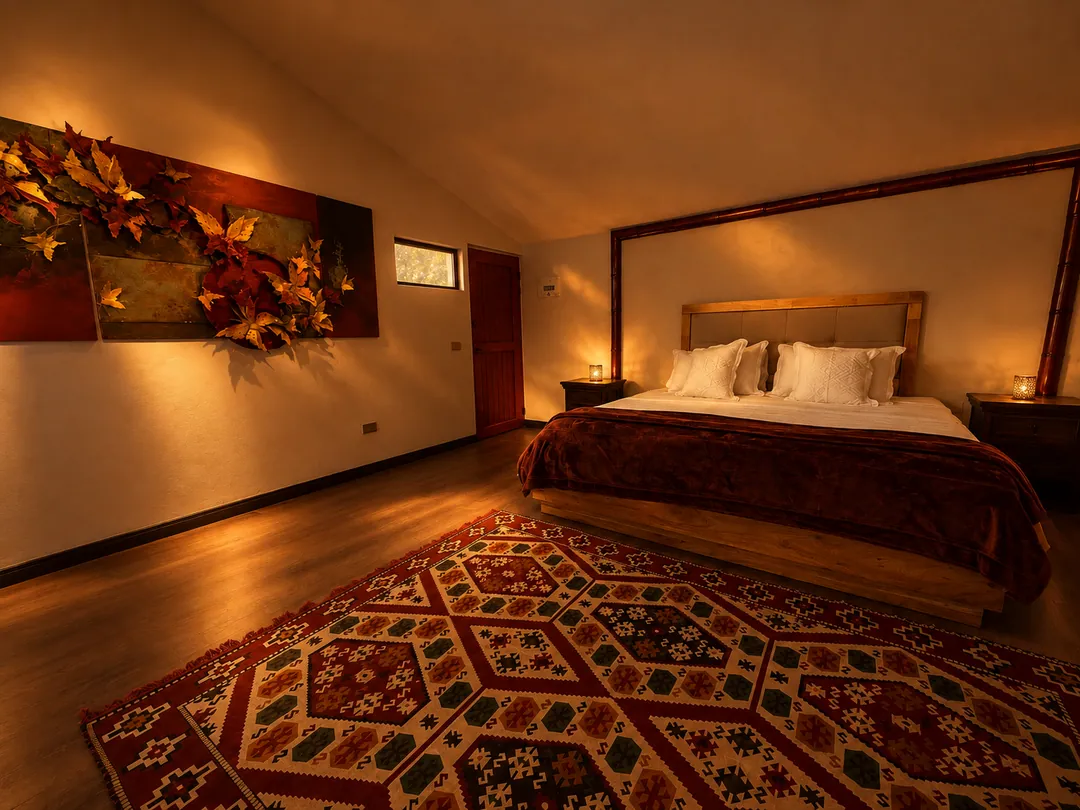 Dormitorio de la Suite Quimbaya con cama King, alfombra tejida de colores y cuadro de hojas