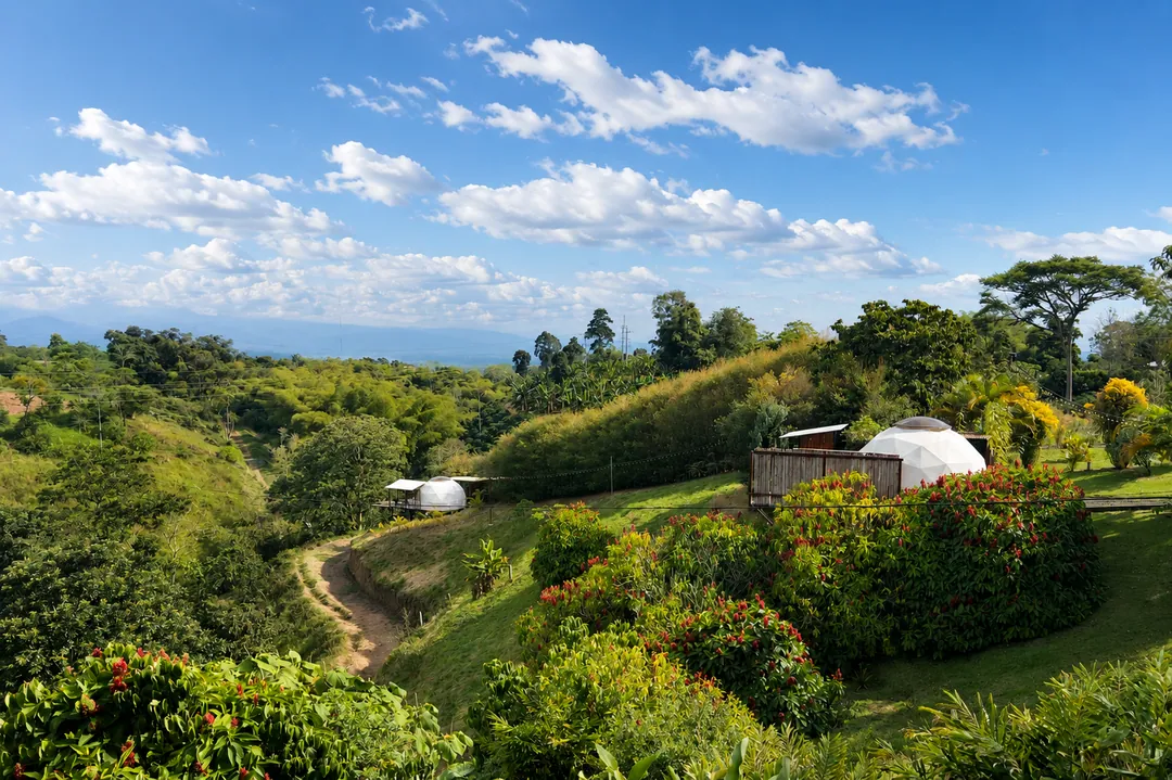 Domos entre colinas verdes y arbustos de flores rojas bajo un cielo azul en Filandia, Quindío